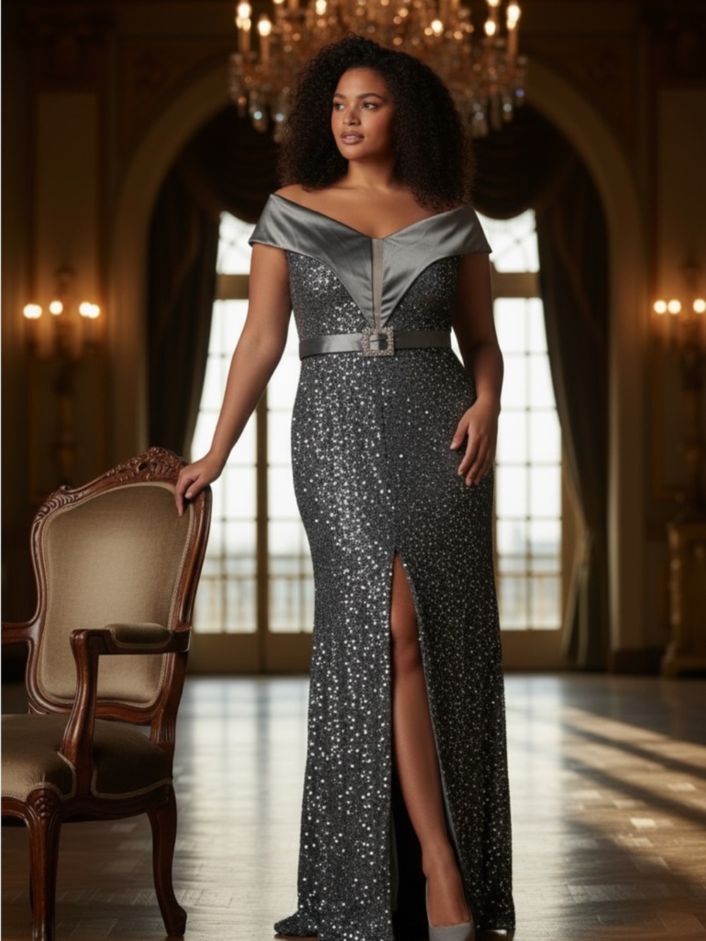 Off-Shoulder Sparkling Evening Gown in Silver